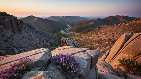 masterpiece,best quality,amazing quality,high resolution,ultra-detailed,absurdres,HDR,8K,high contrast,realistic,muted lithing,sharp focus,fine details,
A cinematic wide shot photography of the view On a secluded granite ledge overlooking a winding mountain road. At summer dawn, soft lavender light warms rugged stone, distant ridges glow pastel, and the air smells of early pine. ,