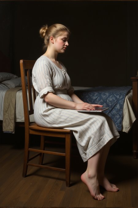 classical oil painting,HDPortrait_photo,A classical painting of a young,fair-skinned woman with blonde hair in a bun,wearing a white dress with blue stripes,sitting barefoot on a wooden chair in a dimly lit room. She reads a ipad,with a bed covered in a blue and white quilt in the background,
Delicate brushstrokes are light and well-executed in detail, rough brushstrokes are bold and expressive, smooth brushstrokes are coherent and naturally flowing, strong brushstrokes are firm and filled with a sense of power, while soft brushstrokes are gentle and feature a natural transition of colors.
The surfaces of these works may exhibit crackling, which refers to fine cracks, while the layers of paint might begin to peel off. Additionally, the colors may gradually fade, indicating a process of discoloration. Furthermore, the canvas or the paint itself may become brittle, and the pigments may change color due to oxidation.