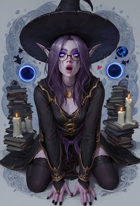 masterpiece, score_9, score_8_up, score_7_up, score_6_up, score_5_up, score_4_up, 1girl, glowing purple eyes, light purple skin, Void elf, elf ears, long hair, purple hair, purple skin, petite body, playful, hearts, very cute, sexy black witch outfit, black witch hat, black thighhighs, kneeling, mouth open, looking up at viewer orgasm, witch hut background, d3t41l3d, 4ng3l face, W1tchyC0ttagec0re, eyeliner, heavy makeup, eye makeup, witch cottage, full body view
(high detailled background), detailled face, alchemist lab background, bookshelf, alchemist tools, candles, glasses, books