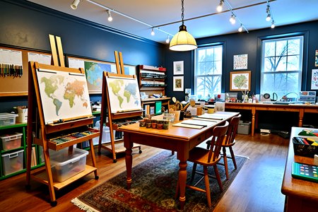 no humans,no animals,Arts and Crafts Room, a dedicated arts and crafts room with plenty of storage for art supplies, an easel, and a large table for creating projects. The room is filled with bright, inspiring colors and features comfortable seating for creative work.,, Masterpiece,best quality,realistic,HDR, 8K, masterpiece, best_quality, absurdres, ultra-detailed, highly_aesthetic, depth_of_field