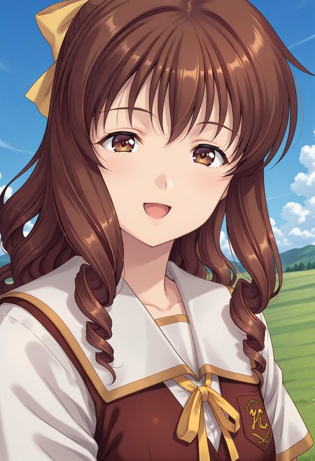 kuon_eri, brown eyes, brown hair, long hair, drill hair, yellow bow, hair bow, school uniform, white sailor collar, vest, short sleeves, <lora:kuon_eri_illustrious_ver1:0.8> 
smile,, masterpiece, best quality, very aesthetic, absurdres,, general,, 1girl, solo, blue sky, (grasslands:1.2), looking at viewer,, (upper body:1.2), (close-up:1.2), (facing viewer:1.2), (open eyes:1.4), (portrait:1.2)