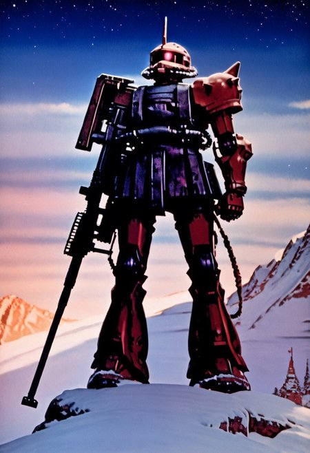 score_9, score_8_up, score_7_up, cowboy shot, side view, BREAK, ( garma_zaku, pink monoeye, one eye, looking to the side, holding rifle in both hands, ) 1mech, mech focus, solo, BREAK, snow, ice, ice mountains, dark blue violet sky, night time, starry sky, Realistic, Relaxed, Moonlit, beautiful detailed supreme quality color intricate, dynamic dramatic beautiful full taking, contemporary fine detail, highly detail, dynamic background, positive emotional, background curving upwards,