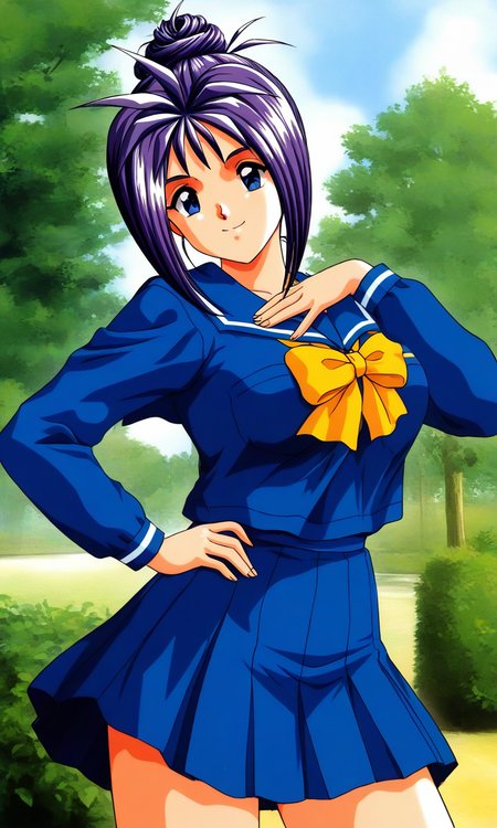 general,highres, ultra-detailed,very aesthetic,best quality ,best hands, BREAK <lora:Katagiri_Ayako_Tokimeki_Memorial_IS:1>
Katagiri_Ayako(Tokimeki_Memorial), 1girl, solo, blue eyes, purple hair, single hair bun, short hair, bangs, large breasts,
school uniform, blue serafuku, blue skirt, Yellow bow, hand on own chest, sailor collar, blue sailor collar, 
hands on own hip,
smile, long sleeves, pleated skirt, outdoor, tree, sky,