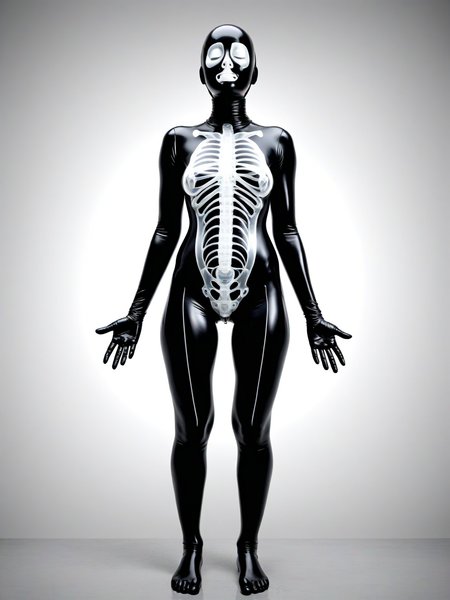 woman arms behind head, body leaning forward slightly, legs crossed, thoughtful and relaxed body language, wearing rubber gimp suit, grotesque, abstract, x-ray art, <lora:DeconDada-000008:0.5>