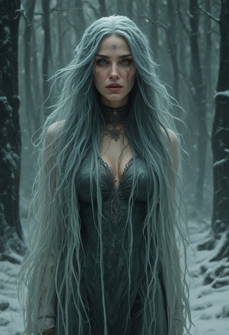 A woman with long, straight jade hair and piercing obsidian eyes, her expression cold and distant. She stands in the middle of a snow-covered forest, the white landscape adding to her ethereal, almost otherworldly presence. <lora:usual-portrait-v2:1.2>