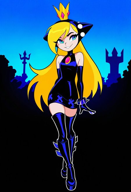 masterpiece, best quality, very aesthetic, absurdres,
outdoors,
full body, seductive smile, parted lips, long eyelashes,
 <lora:WaPeach_v01_NAIXL:1>
W4P34ch,1girl,solo,long hair,blonde hair,crown,blue eyes,bare shoulders,black dress,black elbow gloves,spiked bracelet,knee boots,W4P34ch,1girl,solo,long hair,blonde hair,crown,blue eyes,bare shoulders,dress,elbow gloves,spiked bracelet,thigh boots,