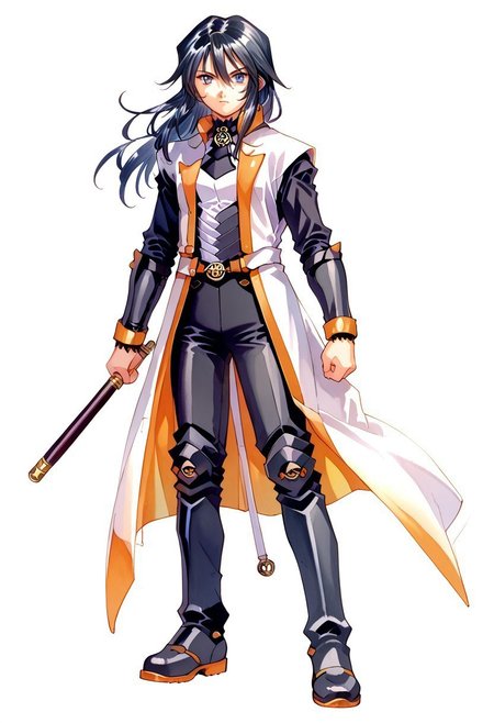 score_8, score_8_up, score_7_up, source_anime, traditional media, 1girl, female focus, solo, Azlier_SN, black hair, bangs, hair between eyes, long hair, sidelocks, grey eyes, white coat, collared coat, sleeveless coat, open coat, gorget, black gorget, brooch, white shirt, turtleneck shirt, black turtleneck, black sleeves, armor, belt, bracers, black pants, greaves, metal boots, full body, simple background, white background