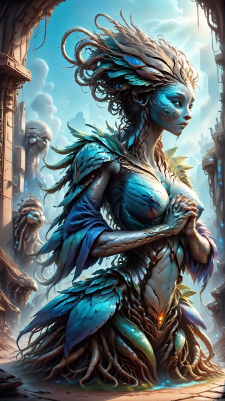 score_9, score_8_up, score_7_up, score_6_up,  <lora:AlarunePDXL:0.9>Alarune, woman, Sky blue petals, Slate straight hair, in location ancient spaceship wreckage, Holding Hands Together in Front, Silver  skin,