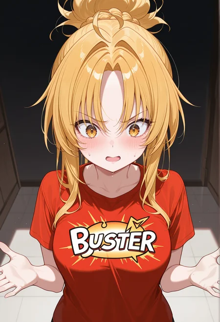 1girl, blonde hair, yellow eyes, ponytail, braid, hair ornament, buster shirt, medium breasts, shrugging,  <lora:nobuna_illus:1>, masterpiece, best quality, amazing quality, very aesthetic, absurdres, highres, newest