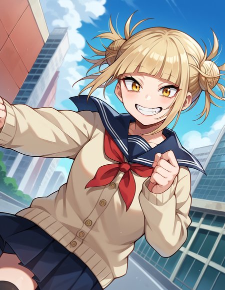 score_9, score_8_up, score_7_up, source_anime,
himikotoga, <lora:himiko-toga-ponyxl-lora-nochekaiser:1>,
himiko toga, bangs, blonde hair, yellow eyes, blunt bangs, hair bun, double bun, messy hair, smile, grin,
skirt, long sleeves, school uniform, pleated skirt, shoes, serafuku, socks, sailor collar, blue skirt, neckerchief, kneehighs, brown footwear, cardigan, black socks, loafers, red neckerchief, yellow cardigan,
outdoors, cityscape,
looking at viewer, cowboy shot, dutch angle, dynamic pose,
