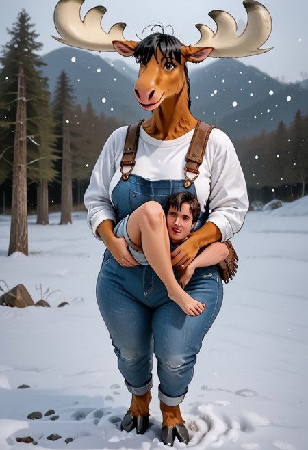 masterpiece, best quality, high resolution, absurdres, 1 girl, moose,1 male,(male human,hiker), realistic, dynamic angle,source_furry×human, cineppmatic, Snow hiking trails 
1 girl,becky moose, anthro moose, brown eyes, HUGE breasts, thick thighs,brown fur, LARGER female,large butt,clos_pers, close-up, perspective, jeans overalls,
The jean legs bunched awkwardly over her hooves((hooves feet)), and the questionable shirt strained uncomfortably across her chest. 
1 male, human male, black hair, short height difference, bangs, hair over eyes, carrying hiking equipment, wearing hiking 🥾 shoes and clothes,As he drew nearer, his eyes widened. He stumbled, a gasp escaping his lips, and crumpled into the snowdrift. 
<Becky moose hesitated. She wasn't used to humans reacting this way. Usually, they ran. But he lay still, a pathetic lump of bright fabric against the pristine snow.>
Background:ruanyi0732,snowing,depth_of_field, mountain Forest, hiking trails