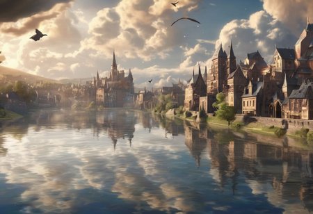 Bird flying over a fantasy city. The buildings made of brick with the art style being that of an old anime. The clouds cast shadows along the land while godrays protrude through them. The bird is flying over a river that cuts along the center of the city with a beautiful reflection. The scene is highly detailed. 4k.hd.