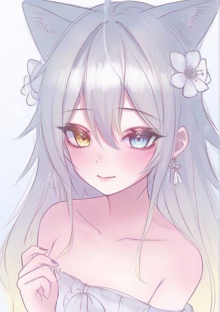 1girl, grey wolf (kemono friends), by kodoto, animal ears, bare shoulders, blue eyes, closed mouth, collarbone, earrings, extra ears, feathers, fingernails, flower, gradient background, hair flower, hair ornament, heterochromia, jewelry, light smile, lips, lipstick, long hair, looking at viewer, makeup, multicolored eyes, multicolored hair, nail polish, solo, two-tone hair, upper body, wolf ears, wolf girl, yellow eyes,  <lora:NierNier00256:1>
