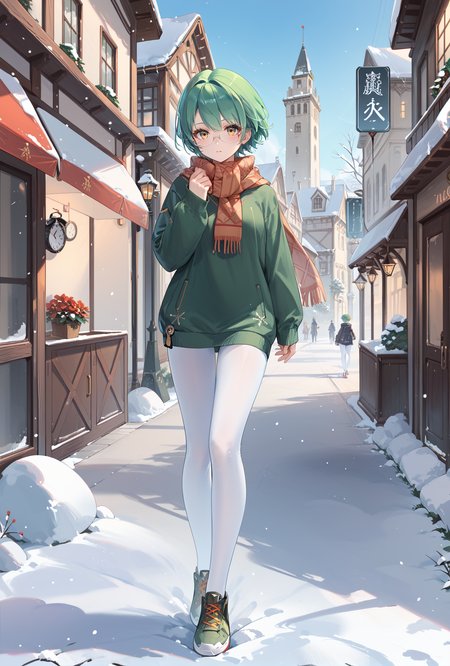 score_9, score_8_up, score_7_up,full body, 
European architecture, street,  clock tower, 
 admiral nakhimov (azur lane), 1girl, green hair,yellow eyes, short hair, 
sweater,snow,scarf,semi-rimless eyewear, sneakers, white pantyhose,<lora:NakhimovXLPony:0.9>