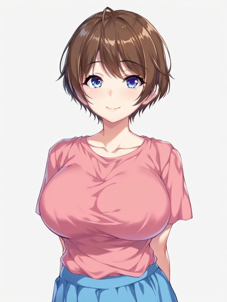 score_9, score_8_up, score_7_up,  
1girl, kusakabe akiho, short hair, brown hair, blue eyes, large breasts,
pink t-shirt, short sleeves, blue skirt, 

looking at viewer, smile, closed mouth, arms behind back,

standing, upper body, 
white background, solo,