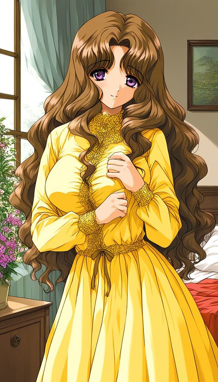 score_9, score_8_up, score_7_up, source_anime, rating_explicit, BREAK  <lora:Tsuchiya_Yuki_XL:1> TsuchiyaYuki, grey eyes, brown hair, long hair,  wavy hair, large breasts, 
solo, light Yellow skirt, Yellow long sleeves,  looking at viewer,
window, scenery, bed, indoors, plant, flower