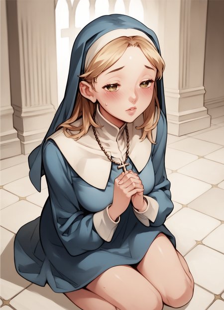 score_9, score_8_up, score_7_up,  source_anime, holy light, 1girl, solo, pray, nun, blush, sitting,  habit, half close eyes, cross necklace, brown hair, black eyes, blonde hair, brown eyes, kneeling, 
,   <lora:NishiEda_PonyXL_dim24:1>