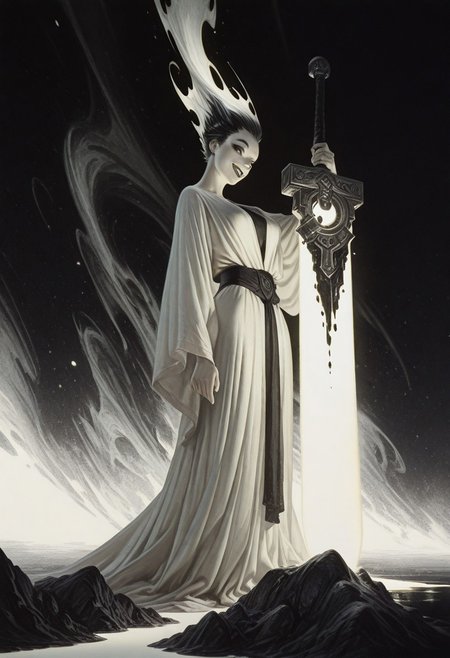 Bright, almost blinding monochrome manga sketch, minimal rough lines, seductive female embodiment of Death, long white robe flowing like liquid light, voluptuous woman, detailed face and hair, robe merging into surrounding glowing void, massive indistinct sword shimmering with unreal radiant energy, face as white void, wicked teasing grin piercing the light with eerie clarity, raw unfinished feel, heavy highlights, stark white contrasts, tense mysterious atmosphere, sketch texture, high contrast ink style, dynamic linework, abstract glowing space, unsettling visual tension, minimalist composition, light fantasy aesthetic, ethereal presence, subtle energy distortion, blinding brightness, 8k resolution, ArtStation trending, award-winning composition. giant sword, huge sword