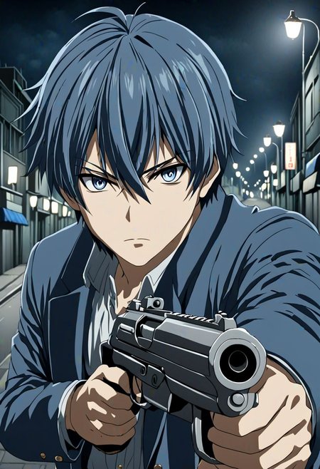 high resolution, solo, best quality, 1Boy, Tomoya Okazaki, Grey Blue Hair, portraits, midnight, dim street lights, mysterious, threatening, gun, aiming the gun to the viewer, OverallDetail