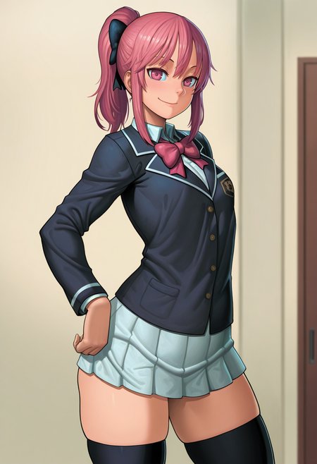 masterpiece, best quality,
 <lora:Lasterk:1> L4st3rk,  1girl, solo,standing,looking at viewer, happy, closed mouth,pink hair, ponytail, pink eyes,school uniform, bow, long sleeves, skirt, skindentation, thighhighs,