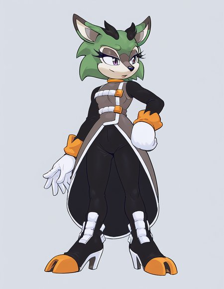 score 9, score 8 up, score 7 up, score 6 up, score 5 up, score 4 up, source_furry,colored, highly detailed, countershading,  <lora:Smooth Style 2 SDXL_LoRA_Pony Diffusion V6 XL:1>, <lora:Clove_the_Pronghorn_XL:1>, Clove the Pronghorn, Clove the Pronghorn, green hair, green fur, high heel boots, purple eyes, white gloves, short hair, black pants, eyelashes, long sleeves, eyeshadow, pronghorn girl, sleeveless dress,