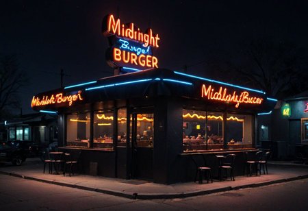 *Channel_42* *Neon*
*Food* *Drinks* *Chairs*
*Outdoors* *dine*
neon sign "midnight_burger"