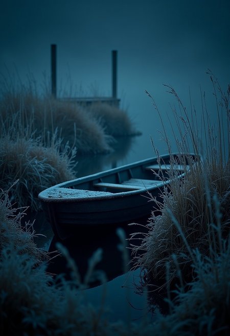 frosty, dark night, a boat in the tall grass near a wooden pier, thickets of grass covered with frost, black haze, fantasy art, surreal, vivid colors, moody chiaroscuro lighting, 50mm lens, close-up of the boat,