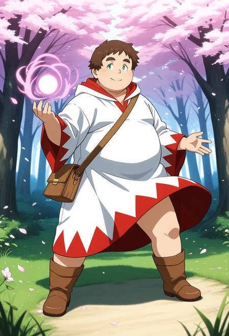 male, male focus, human, 
BREAK chubby, masculine, large pectorals, moobs, broad shoulders, showing off chubby body, cherubic, bara, 
BREAK fat, plump, brown_short_hair, fat face, round face, smiling and showing off chubby body,
BREAK green eyes, 
BREAK v-neck white mage robe with hood down,  
BREAK brown boots, brown shoulder bag, 
BREAK golden magic, magic swirling around feet, wind_lift, 
BREAK standing, dynamic pose, casting magic stance, Expressive, cherry blossoms falling around character, forest background, standing on grass, 
BREAK cinematic shot, masterpiece hi res, best quality, very detailed, highly detailed texture, score_9, score_8_up, score_7_up, score_6_up, anime coloring, detailed anime shading, eyeshd, anime eyes, anime hair,
