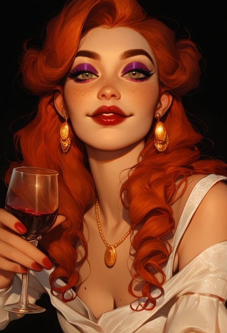Score_9, score_8_up, score_7_up, score_6_up, score_5_up, score_4_up, happy redhead woman, old school disney style, holding wine glass, dark purple and black color palette, illustrations, smilingcore, detailed costumes, black background, seductive, freckles, makeup, nail polish, necklace, earrings, makeup, purple eyeshadow, downblouse, red lipstick, moles, glossy lips, mole on chest