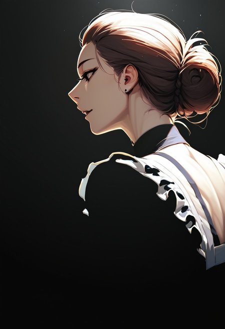 score_9, score_8_up, score_8, 
1girl, solo, female, woman
maid, french maid, backlit, massy hairbun, 
blend_in. black background,
