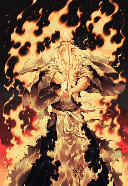 masterpiece, best quality, amazing quality, volumetric lighting, , semi realistic, 
, gradient colors, dark background, burning background , melting sword, lava
1 man,  solo, long beard, bald
let's dance, holding weapon, katana, holding katana, 1boy, captain yamamoto, bleach, captain yamamoto, bleach