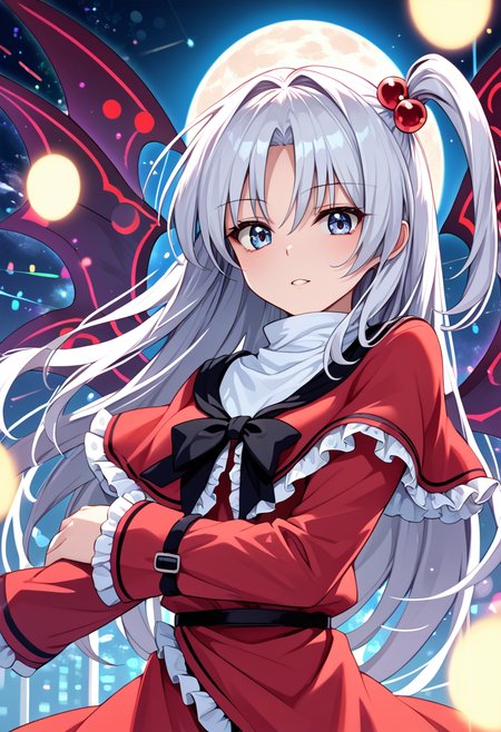 score_9_up, score_8_up, score_7_up, BREAK source_anime, (masterpiece), (best quality), 1girl, shinki (touhou), black wings, hair bobbles, hair ornament, white hair, one side up, long hair, dress, multiple wings, red capelet, looking at viewer, no emotions, closeup upper body, (ultra detailed), shine, moon, danmaku, laser from wings, colorful lights, (from front:0.6),  <lora:Shinki_touhou(PC-98)-V1:1>