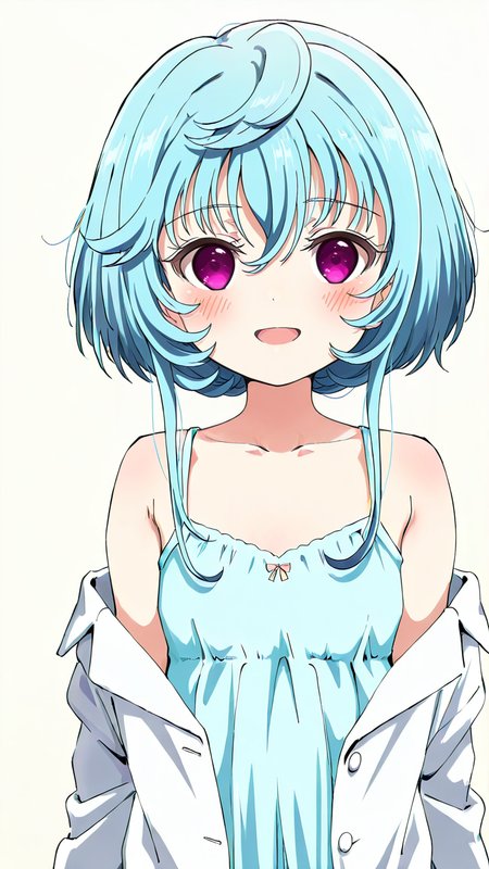 white_background,simple background,1girl,solo,full_shot,looking_at_viewer,<lora:Maryberry_Illustrious_v10:1>,Maryberry,blush,anime screenshot,sincos,looking_up,labcoat,oversized_clothes,:d,collarbonea,unbuttoned clothes,camisole,, masterpiece, best quality