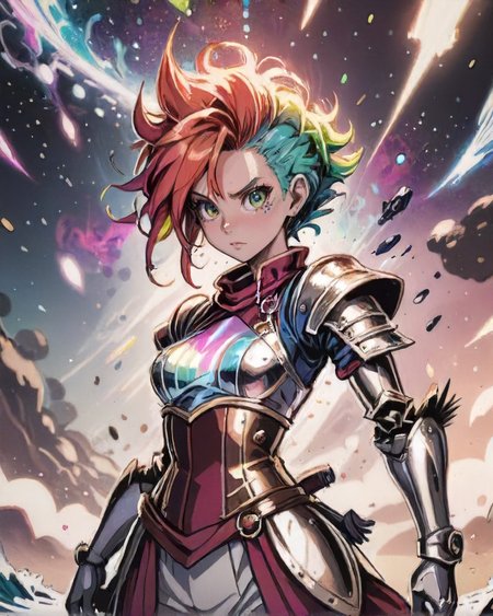 comic style, Chaotic 1girl, natural colored eyes, Mohawk with brightly colored spikes hairstyle, dynamic pose, determined expression, <lora:EnvyDramaticPortraitXL02:0.7> , BREAK Style-GravityMagic,  solo, from back, back view, (full body:0.6), looking up, detailed background, detailed face, (<lora:CulturePunkAI_3:0.6>, MusketPunkAI theme:1.1), mercury-mage, melancholic, surrounded by waves of glowing mercury, shining (clothes:0.8),  alchemical imagery,   metallic liquid, reflections, silver-colored fluid, metallic sheen, mercury transformation, shiny, dynamic pose,       mercurial haze, cosmic outer space in background,  dramatic lighting, cinematic atmosphere,