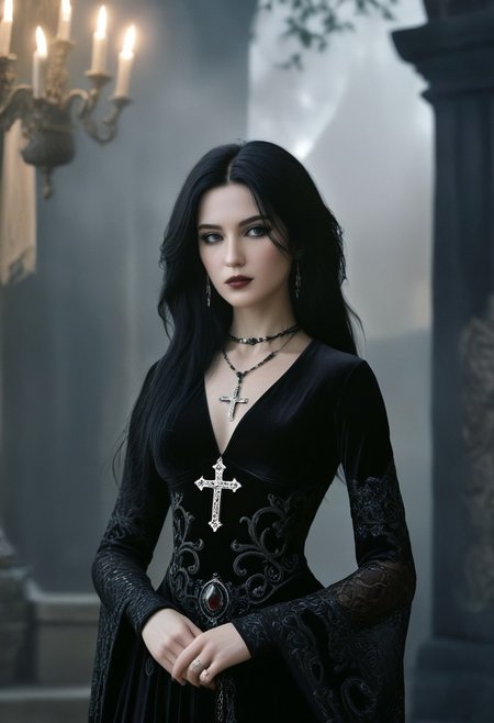 (amazing transcendental's dream:3.5) The photo depicts a powerful gothic sorceress, her face partially hidden by her elegantly adorned hand. She has pale, slender fingers, on which several silver magical rings, set with dark gemstones like onyx and amethyst, glimmer. Her hand is decorated with mysterious tattoos that seem to pulse with a dark energy.She wears a gothic ensemble, a black velvet dress richly embroidered with occult patterns. Her long black hair frames her pale face, and her eyes, accentuated with dark makeup, shine with an intense light. Large silver necklaces, with pendants shaped like crosses and ancient symbols, rest on her chest. The background is misty, with shadows dancing around her, enhancing the mystical and sinister atmosphere of the scene,  (maximum ultra high definition image quality and rendering:3), maximum image detail, maximum realistic render, (((ultra realist style))), realist side lighting, , 8K high definition,  realist soft lighting, (amazing special effect:3.5), BadDream, epiCPhoto, Hyperrealism style, Film Grain style, Jed-rbt, TWbabeXL01