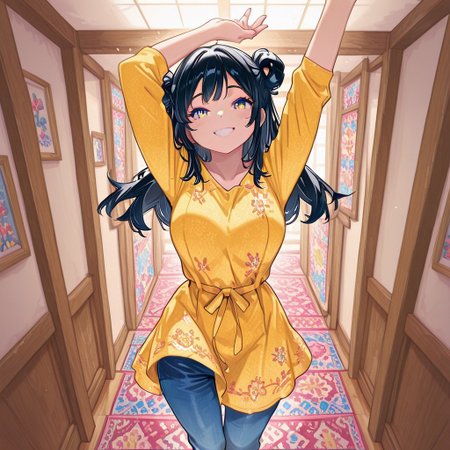 highres, ultra-detailed, newest , absurdes , illustration, colourful, masterpiece, 8k, (Riko , solo , black hair, double buns, yellow dress, blue denim pants) , standing , hand behind , mouth open , smiling , cheerful  , arms up , indoors ,