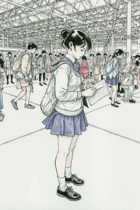 kj9 illustration.
Profile of a high school student in uniform, white socks and black shoes, standing in the middle of a train station, holding two acceptance letters--one for a local college and the other for an overseas university. The station is bustling with people moving in every direction, while she stands still, eyes closed, taking a deep breath as she tries to decide which future to follow. <lora:kj91_cap_d6a3e12:1.0><lora:819911490472535734:0>