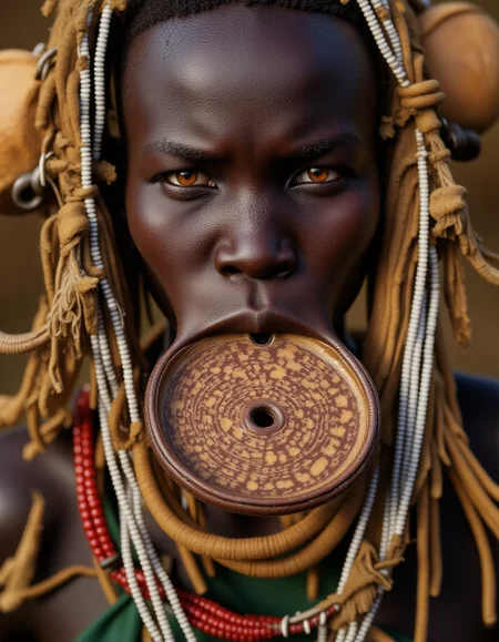 a Murs1 woman, showcasing her distinct facial features and traditional adornments. Her skin is a rich, deep brown, with high, prominent cheekbones and a broad, flat nose, emphasizing her striking natural beauty. Her piercing gaze exudes strength and wisdom, a reflection of her cultural resilience. Her ears are adorned with intricately designed wooden or clay plugs, extending her earlobes in traditional style. Around her neck are multiple layers of carefully hand-strung, colorful beaded necklaces, each bead telling a story of heritage and identity. Her hair is styled in short, tight braids coated with organic mud and natural pigments in earthy ochre tones. The iconic large ceramic lip plate (dhebi a tugoin) accentuates her appearance, decorated with fine hand-painted patterns symbolizing Murs1 artistry. Every detail, from her facial features to her traditional jewelry, is rendered in highly realistic textures and vibrant detail, capturing the essence of her identity within the cultural context.
<lora:mursi:1>
 <lora:ARob-FLUX-3-CivitAI:1> ARob, cyborg, robot, beautiful light set up,  dynamic range  lighting, RAW candid cinema, 16mm, color graded portra 400 film, remarkable color, ultra realistic, textured skin, remarkable detailed pupils, realistic dull skin noise, visible skin detail, skin fuzz, dry skin, shot with cinematic camera