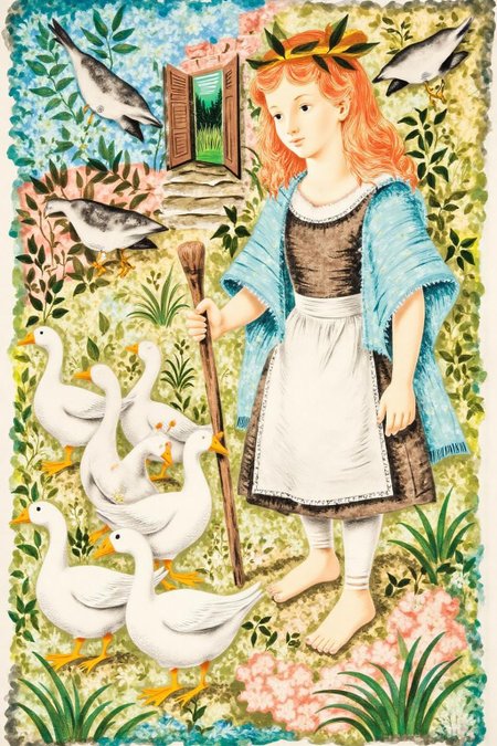 leowe1 illustration.
The scene depicts a young girl standing in a rustic, medieval setting. The girl, with long, curly red hair, is dressed in a traditional peasant outfit consisting of a long, flowing white dress with a brown bodice, a light blue shawl draped over her shoulders, and bare feet. She carries a wooden shepherd's crook in her right hand. There is a flock of geese walking in front of her <lora:gwonder1_cap_d6a3e15:1.0><lora:826575677693153446:0>