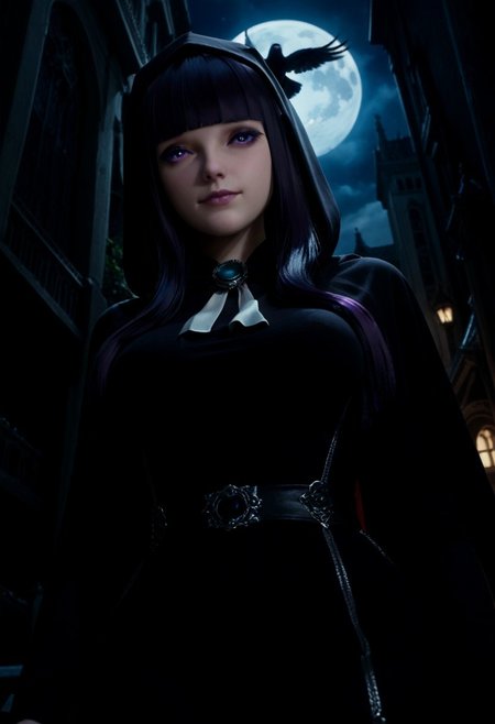 score_9, score_8_up, score_7_up, score_6_up, k9r0, Darmagmb, very aesthetic, detailed face, urban fantasy, cowboy shot, from a side, low angle, focus on face BREAK 1girl, 25 years old, sad smile, a Crow sits on a shoulder, dark aura, purple aura, dark aura, cute face, purple eyes, skinny body, black hair, blunt bangs, hime cut, black dress, long dress, long sleeves, hood, cloak, BREAK outdoors, modern city, night, dark, neon lighting