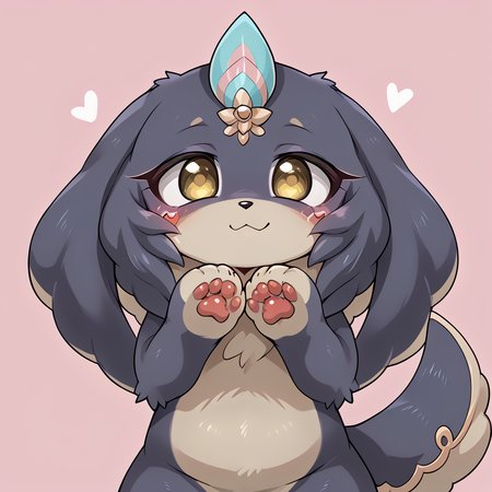 anime style,solo,1boy,  furry, purrelyly, sfw,ygo, pink background, hearts, paw on cheek, cute,  <lora:YGO:1>, <lora:purrelyly:1>