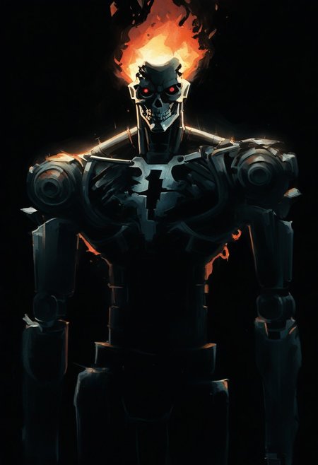 watercolor painting, solo, red eyes, science fiction, robot, 1boy, black background, glowing, looking at viewer, humanoid robot, cyborg, metal skull, burning flesh, burning clothes, glowing eyes, male focus, cyberpunk, hydraulics, dark blue storm, burning background, bright lightning, backlit, orange rimlight, rain, wet, straight-on, Terminator style