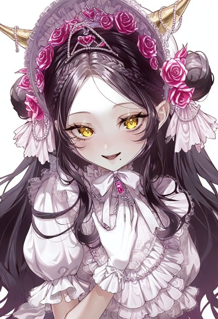 1girl, flower, solo, gloves, yellow eyes, pink flower, gem, white gloves, long hair, looking at viewer, frills, hair ornament, rose, white background, dress, pink rose, horns, hair flower, mole, short sleeves, double bun, upper body, puffy sleeves, blush, jewelry, bangs, parted bangs, smile, simple background, hair bun, bow, open mouth, hand on own chest, braid, bonnet, puffy short sleeves, mole under mouth, pearl \(gemstone\), black hair <lora:cuso4XL_NBVP1_lokr_V6311PZ:0.95>