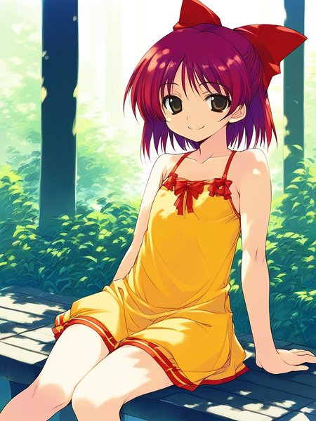 score_9, score_8_up, score_7_up, source_anime, rating_explicit, BREAKã <lora:Kousaka_Tamaki_XL:1> KousakaTamaki, 1girl, solo, Yellow dress, sitting, smile, short hair, light red hair, hair bow,  bow, outdoors, short stack,
flat chest,