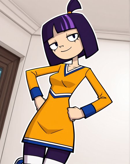masterpiece, best quality, amazing quality, very aesthetic, absurdres, newest, solo,  Theresa_FowlerZYN, , 1girl, solo, (purple hair, short hair, multicolored hair, small ponytail, team uniform, long sleeve dress, striped leggings, blue shoes), cowboy shot, looking at viewer, beautiful, ((beautiful face, beautiful eyes)), Breasts, Wide Hips, Big thighs, standing,(smile, dutch angle, Hands on hips,naughty pose, looking at viewer, indoors, elegant room, solo, dynamic pose, full_body, head tilt,),((white background, White frame, white outline))