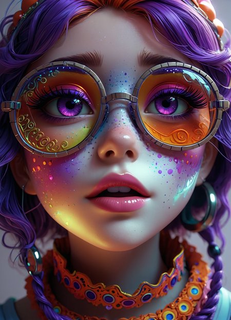 kawaii style Ombre color scheme of neon blue, neon pink, neon yellow, neon green, neon orange, Caricature, cartoon girl with glasses, in the style of natalie shau, junya watanabe, bill gekas, exquisite detail, psychedelic manga, 8k 3d <lora:sss:0.8> <lora:envyStarlight_v10:0.8> <lora:Cute_3D_Cartoon:0.25>, subsurface scattering, Photorealistic, Hyperrealistic, analog style, realistic, film photography, soft lighting, heavy shadow, exaggerated, comical, caricature  . cute, adorable, brightly colored, cheerful, anime influence, highly detailed