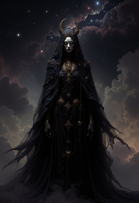 A mysterious female figure with pale white skin and no visible eyebrows. Her eyes are hidden behind a black lace veil adorned with gold stars of varying sizes. Her long, wavy black hair frames her face and falls down her shoulders. Her lips are full, painted a soft matte white. She is dressed in a layered, intricately detailed black gown decorated with tiny golden stars and delicate chains. The image captures her from the front, focusing on the upper half of her body. A vast, starry sky with swirling nebulas and distant galaxies. The background is filled with soft hues of deep blue, purple, and black, with stars glimmering faintly in the distance. The ethereal light from the stars softly illuminates the figure, adding a cosmic and otherworldly atmosphere. The scene feels endless and vast, as if the figure is standing in the middle of space.   <lora:dark_fantasy_flux:0.83> <lora:FredFraiStyle-FLUX-Share:0.63> <lora:sxz-Dark-Fantasy-v2-Flux:0.33> drkfnts style, <lora:flux.1_lora_flyway_Epic-Characters_v1:0.33>