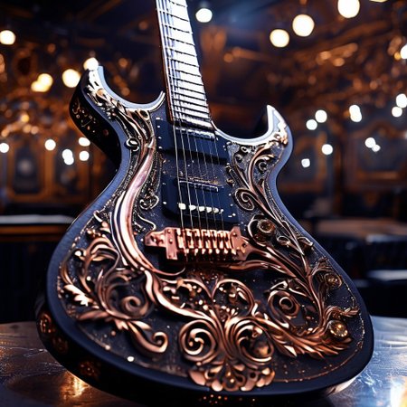 RAW photo of a very detailed guitar with whimsical elements, dark studio, magical glowing podium, reflective enviroment, spot lights, fantasy style, black and gold colors, big white diamonds on the guitar, dusty black theme, intricate details, ultra sharp, exquisite detail, flawless composition, vivid colors, masterpiece, exciting background,  timeless elegant and Exquisite Copper Ornaments