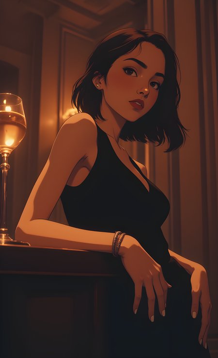 The scene is enveloped in a warm, intimate glow, where the subject stands as a figure of quiet confidence and elegance. The background is rich with deep, earthy tones that create a sense of sophistication and mystery. Her hair is styled in a sleek bob, its dark hue complementing the overall ambiance of the setting. She wears a form-fitting black top that accentuates her silhouette, adding an air of understated allure.
Her posture is poised yet relaxed, one hand resting lightly on her hip while the other hangs gracefully by her side. A delicate bracelet adorns her wrist, catching the light subtly and adding a touch of refinement to her appearance. Her nails are painted white, their pristine color contrasting beautifully with the darker tones of her outfit and the warm backdrop.
The lighting casts soft shadows across her skin, highlighting the contours of her face and shoulders. The interplay of light and shadow creates a sense of depth and dimension, enhancing the overall mood of the image. In the foreground, a glass filled with a golden liquid sits on a surface, its presence suggesting a moment of leisure or contemplation. The overall atmosphere is one of quiet sophistication, capturing a fleeting instant where the subject embodies both strength and grace amidst the warmth of the surroundings., <lora:FLUX\jul\J_Anime:0.7>, <lora:FLUX\RealAnime:0.7>