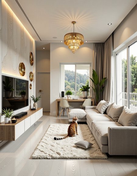 A photo of a cozy and stylish living room in a 30 sq.m studio apartment, designed in modern minimalism with personality and warmth. Light grey porcelain tile flooring with white wood texture, white soft rug in the center. A comfortable light-grey sofa against the far wall (opposite the window), floating TV console on the left wall under a flat-screen TV. the wall behind the TV has a stylish design solution with decorative inserts  imitation of natural stone, highlighting the TV area in a special way. beautiful lighting and chandelier.
One large window on the right side lets in natural soft daylight. The walls are painted light beige with a textured plaster finish. Add warm indirect lighting, a few green indoor plants, and artistic decor with soul — like handmade art or a personal photo. No yellow tint, keep colors neutral and soft. Include a real-looking playful cat on the rug or sofa, not stylized. The space should feel peaceful, lived-in, and personal — not like a showroom.warm and dreamy space. The overall decor combines modern and classic elements, creating a serene atmosphere.    <lora:CTAI-house in the rock:1> CTAI-house in the rock interior <lora:fluxenhancer:0.6>